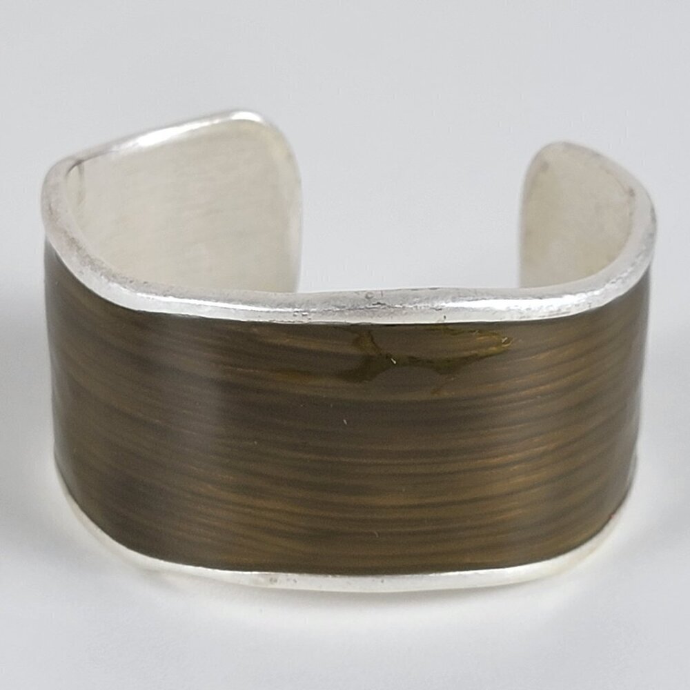 Lia Sophia Cuff Bracelet Shifting Tide Silver-Tone Brown Faux Wood Enamel 6.5"